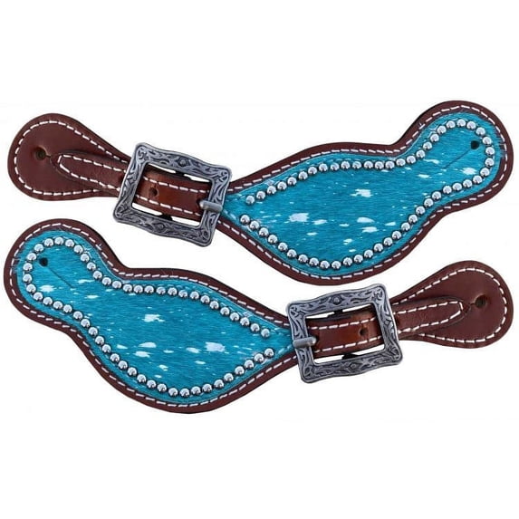 Showman Ladies Leather Spur Straps w/ Teal Acid Wash Cowhide Overlay