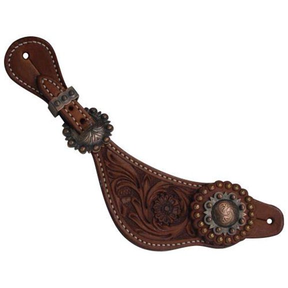 Showman Ladies Size Argentina Cow Leather Floral Tooled Spur Straps w/ Copper Conchos