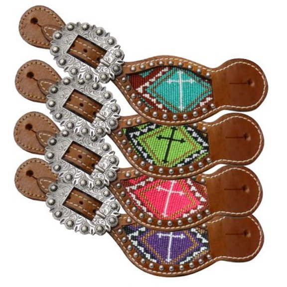 Showman Ladies Size Leather Spur Straps w/ Beaded Cross Inlay