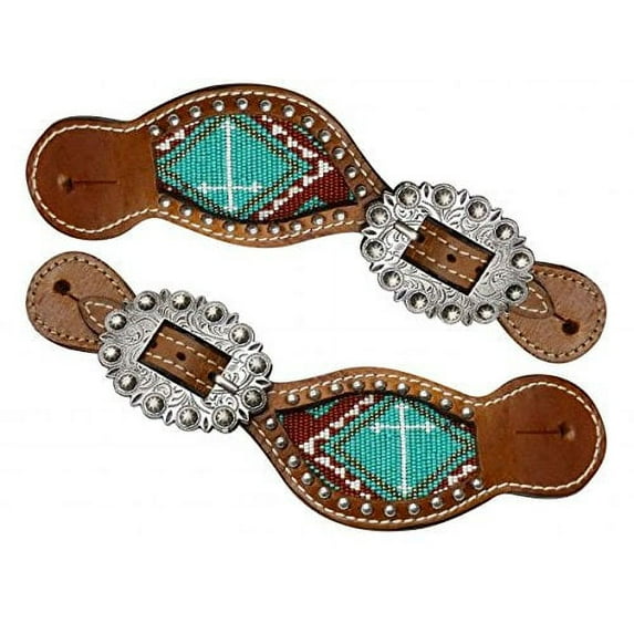 Showman Ladies Size Leather Spur Straps w/ Beaded Cross Inlay (Teal)