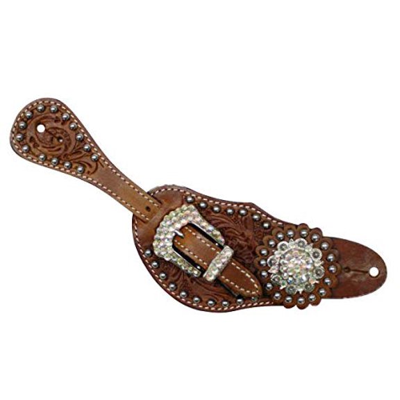 Showman Ladies Tooled Leather Spur Straps w/ Crystal Rhinestone Buckles & Conchos
