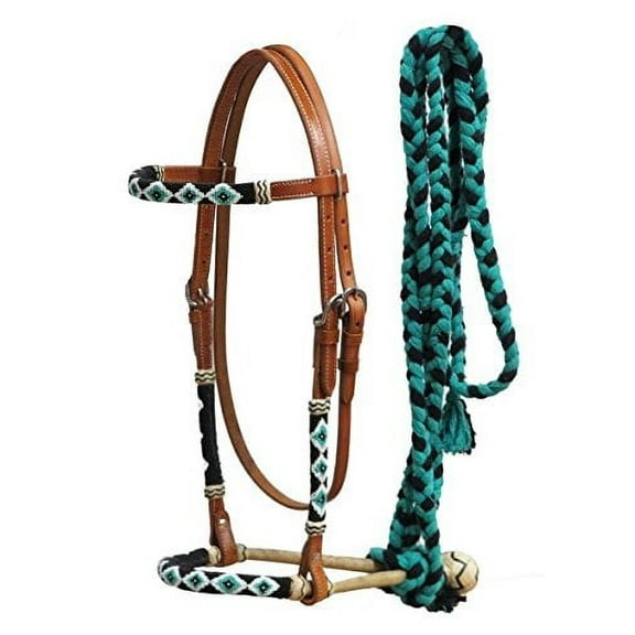 Showman Leather Bosal Headstall w/ Beaded Overlay & Black/Teal Cotton Mecate Reins