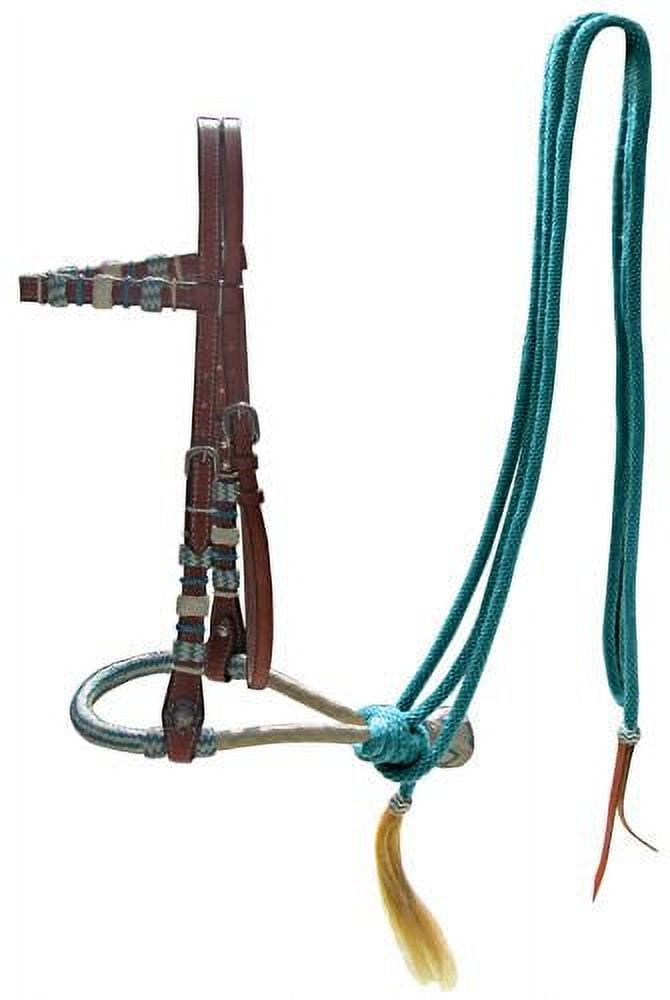 Showman Leather Bosal Headstall w/ Teal Rawhide Braided Bosal & Mecate Reins