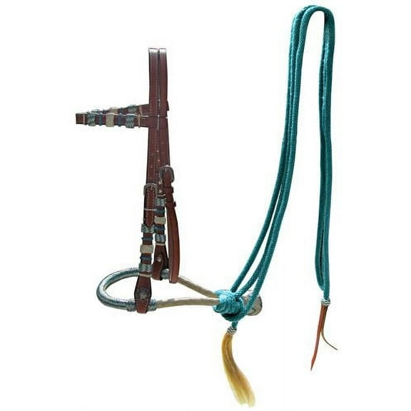 Showman Leather Bosal Headstall w/ Teal Rawhide Braided Bosal & Mecate Reins