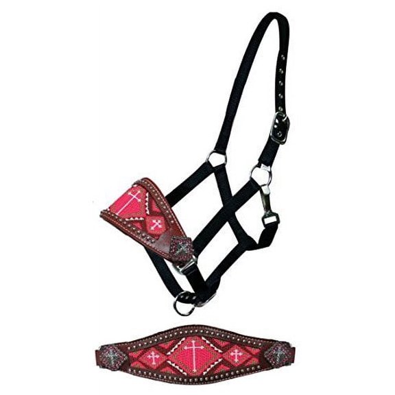 Showman Leather Bronc Halter w/ Beaded Cross Design (Pink)