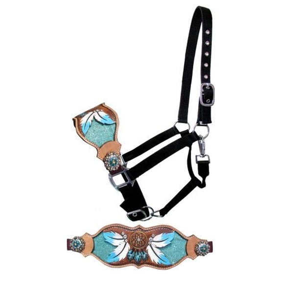 Showman Leather Bronc Halter w/ Teal Dream Catcher & Feather Design