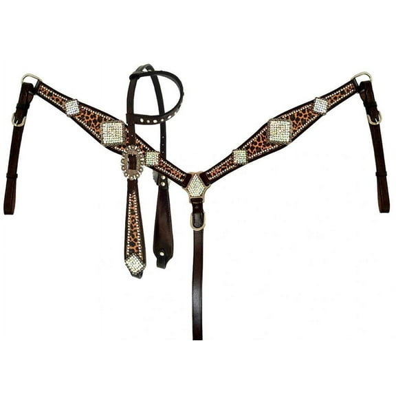 Showman Leather Headstall & Breast Collar Set w/ Cheetah Print