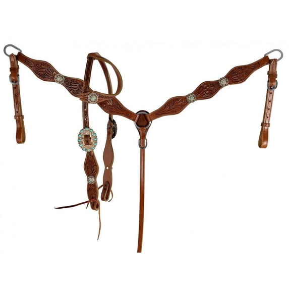 Showman Leather Headstall & Breast Collar Set w/ Floral Tooling & Turquoise Stones