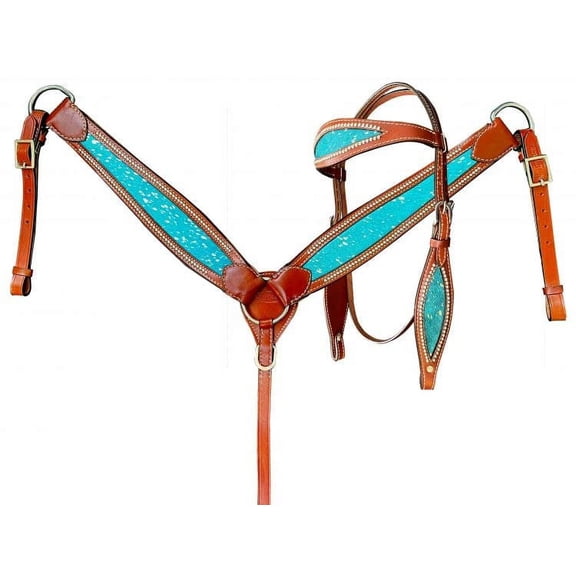 Showman Leather Headstall & Breast Collar Set w/ Teal Acid Wash Cowhide Inlay