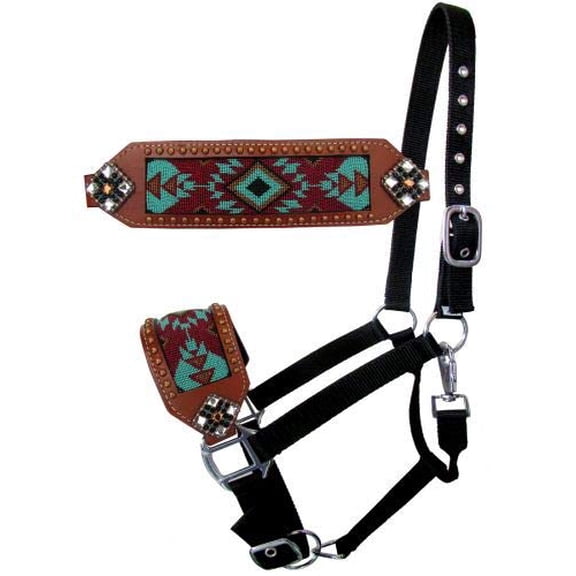 Showman Leather Noseband Bronc Halter w/ Turquoise & Burgundy Beaded Design