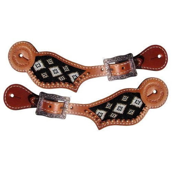 Showman Leather Spur Straps w/ Black, Gold & White Beaded Southwest Design