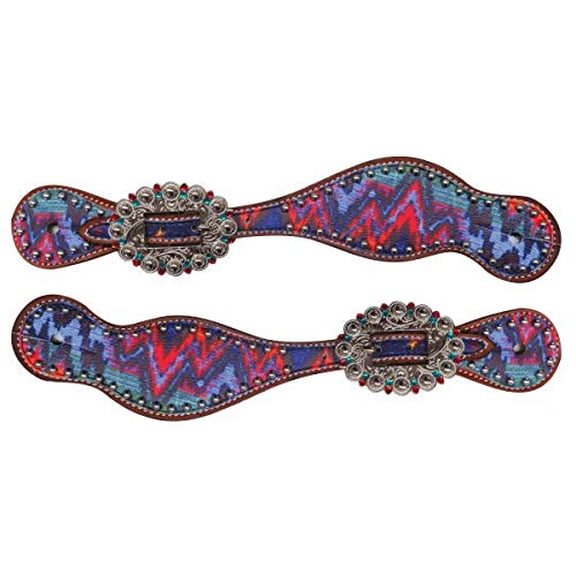 Showman Leather Spur Straps w/ Brushed Chevron Design & Rhinestone Buckles