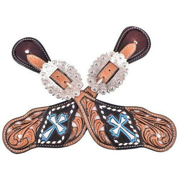 Showman Leather Spur Straps w/ Teal Painted Crosses & Silver Metallic Inlays