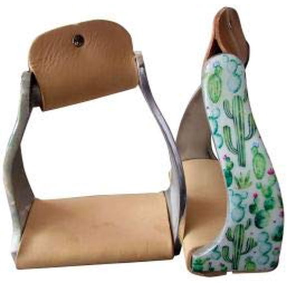 Showman Lightweight Twisted Angled Aluminum Stirrups w/ Cactus Design & Leather Tread
