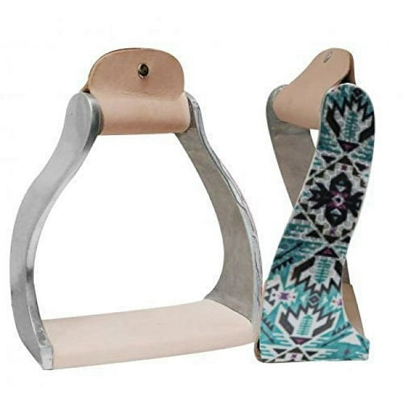 Showman Lightweight Twisted Angled Aluminum Stirrups w/ Shimmering Teal Aztec Print