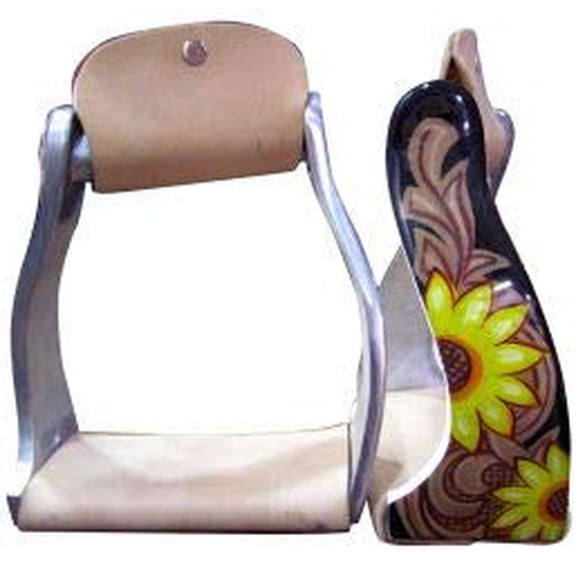 Showman Lightweight Twisted Angled Aluminum Stirrups w/ Sunflowers & Leather Tread