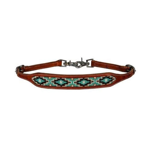 Showman Medium Oil Leather Wither Strap w/ Beaded Teal Design