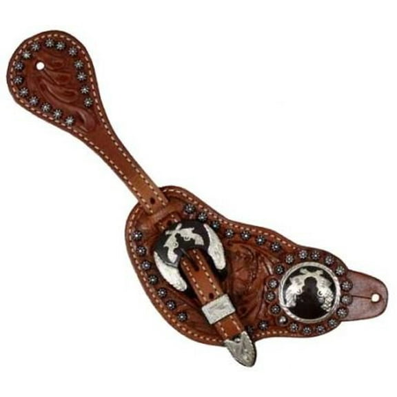 Showman Men's Tooled Leather Spur Straps w/ Silver Cross Pistol Conchos