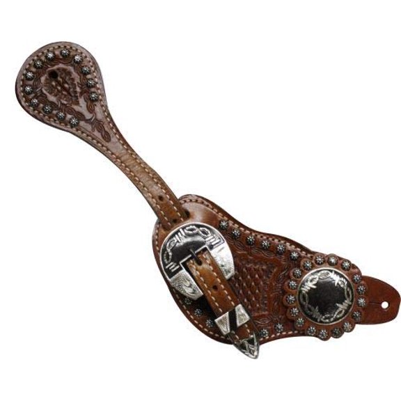 Showman Men's Tooled Leather Spur Straps w/ Silver Engraved Barbed Wire Conchos
