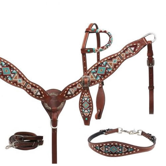 Showman Multi Color Navajo Beaded Leather Headstall, Breast Collar & Wither Strap Set