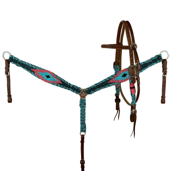 Showman Navy, Teal & Pink Corded Mohair Browband Headstall & Breast Collar Set
