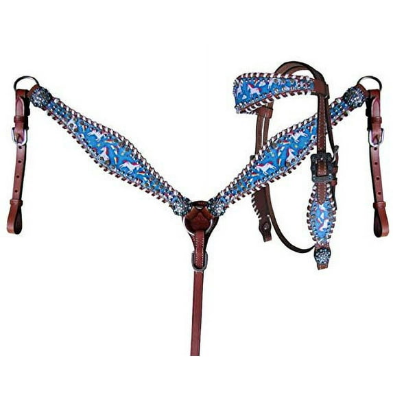 Showman Pony Size Rainbow Unicorn Print Headstall & Breast Collar Set