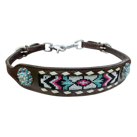 Showman Pink & Teal Beaded Leather Wither Strap