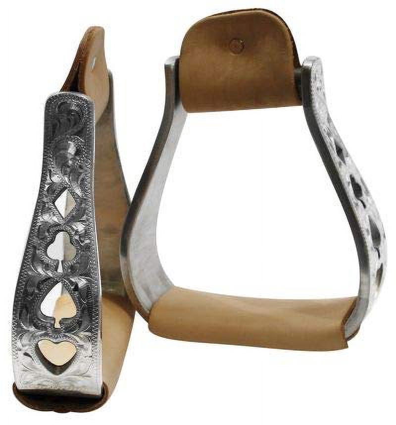 New! Showman ® Silver Engraved Stirrups with copper and teal feather concho.