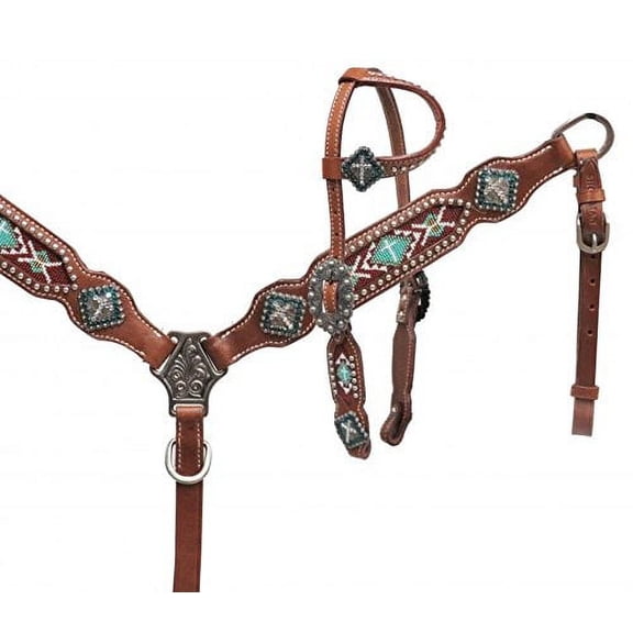 Showman Pony Headstall & Breast Collar Set w/ Teal Cross Beaded Inlay