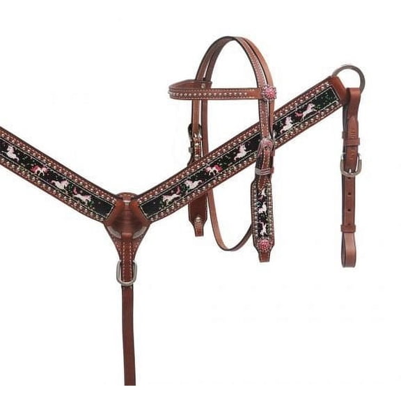 Showman Pony Leather Headstall & Breast Collar Set w/ Unicorn Design