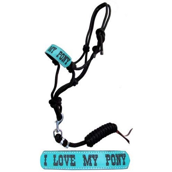Showman Pony Rope Halter w/ Turquoise Leather "I LOVE MY PONY" Noseband & Removable Lead