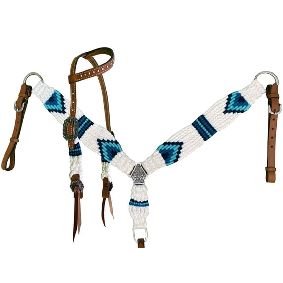 Showman Pony White & Blue Corded Single Ear Headstall & Breast Collar Set
