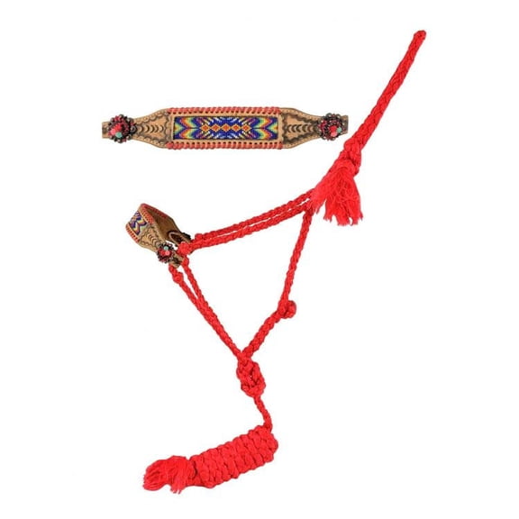 Showman Red Nylon Mule Tape Halter w/ Beaded Noseband & Red Rawhide Lacing