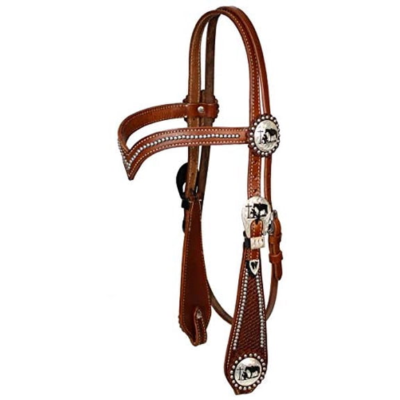 Showman Silver Beaded V Brow Leather Headstall w/ Reins