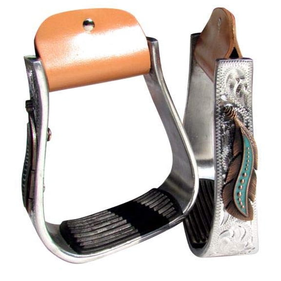 Showman Silver Engraved Aluminum Stirrups w/ Copper & Teal Feather Conchos