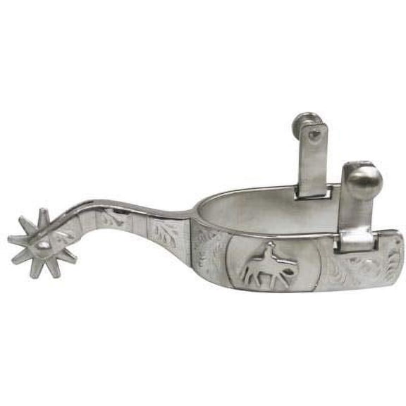 Showman Stainless Steel Horse & Rider Embossed Spurs w/ Engraved Silver Overlay
