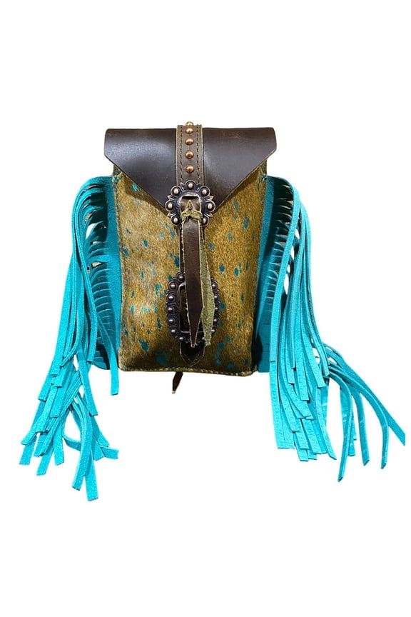 Teal Acid Wash Cowhide Rear Cinch Saddle Bag