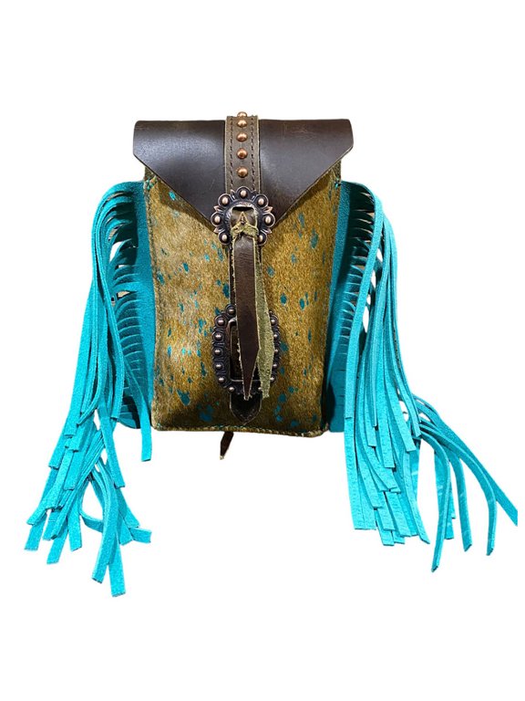 Teal Acid Wash Cowhide Rear Cinch Saddle Bag