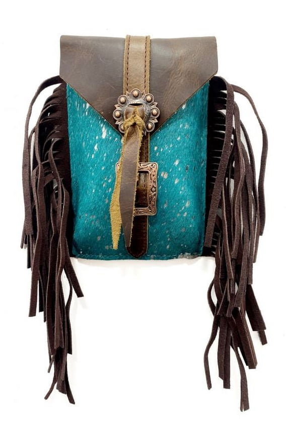 Teal Acid Wash Hair-On Cowhide Rear Cinch Saddle Bag