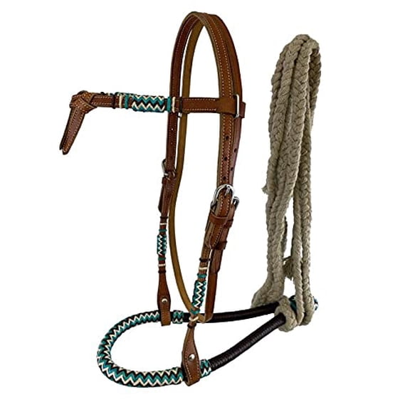 Showman Teal & Brown Rawhide Core Bosal Set w/ Cotton Mecate Reins