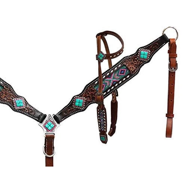 New! Showman double stitched leather headstall and breast collar set with brown suede fringe and floral tooling main image 0