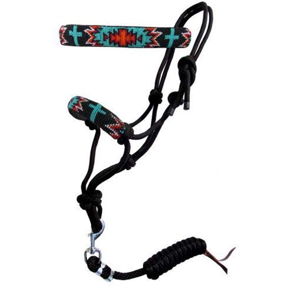Showman Turquoise & Red Southwest Cross Beaded Nose Cowboy Knot Rope Halter w/ 7' Lead