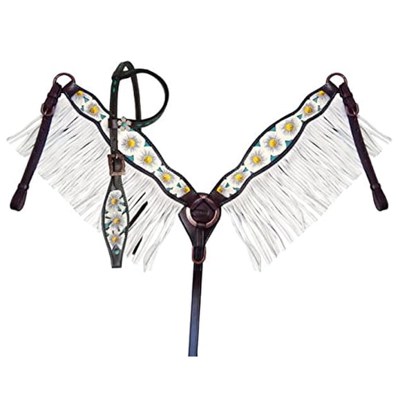 Showman White Poppy Flower Leather Headstall & Breast Collar Set w/ Fringe