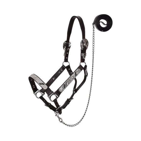 Showman Silver & Black Scroll Leather Show Halter with Lead - Yearling