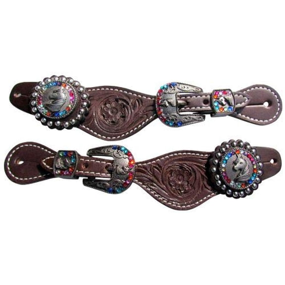 Showman Youth Dark Floral Tooled Leather Spur Straps w/ Unicorn Engraved Hardware