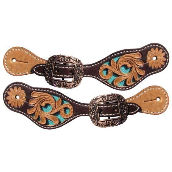 Showman Youth Dark & Light Leather Spur Straps w/ Floral Tooling & Turquoise Inlay