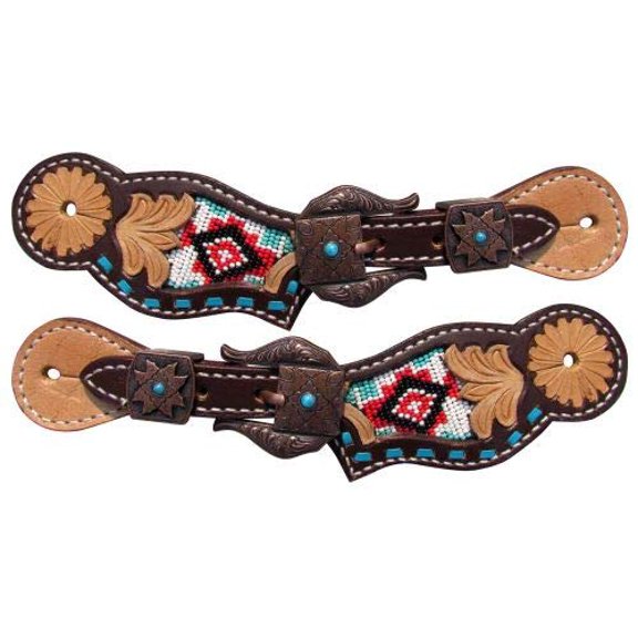 Showman Youth Tooled Leather Spur Straps w/ Beaded Southwest Inlays