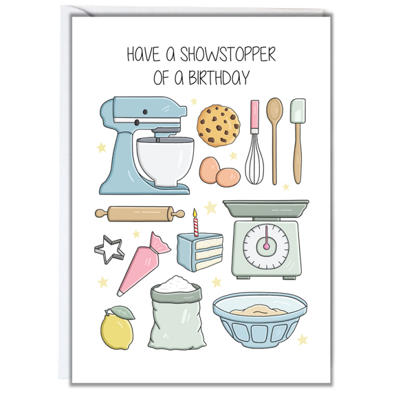 Showstopper Birthday Card  Fun Baking Theme with Mixer, Cookies & More  Perfect for Birthdays  Envelope Included, Blank Inside for Personal Messages