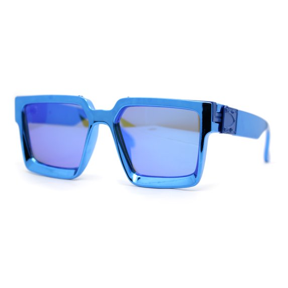 Showy Metallic Plastic Colorful Mirror Lens Rectangle Mob Horn Rim Sunglasses Blue Mirror