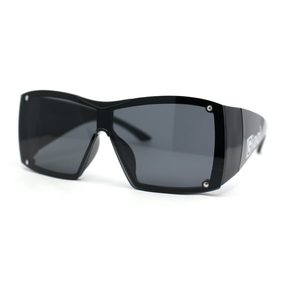 Showy Oversized Shield Super Thick Arm Rectangle Euro Style Sunglasses All Black